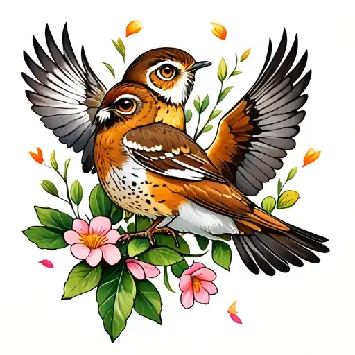 A Wren And An Owl Flying With Cactus Blossoms Falling