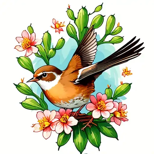 A Wren Flying With Cactus Blossoms Falling