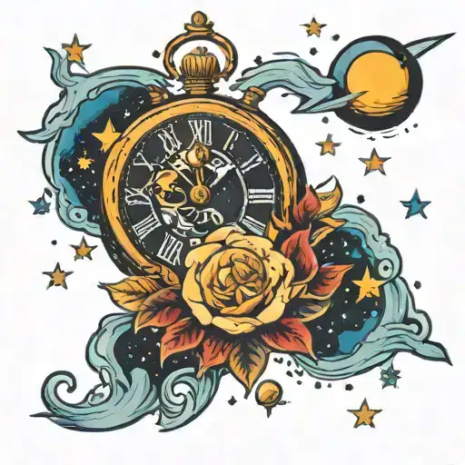 A Traditional Style Tattoo Of A Clock With Planets And Stars In The Background