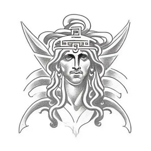 Greek Temple From Which A River Of The Underworld Comes Out With A Charonte On It And Medusa