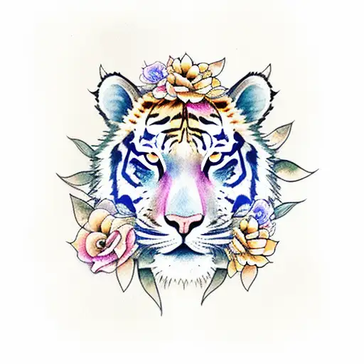 Watercolor Tiger With Flowers