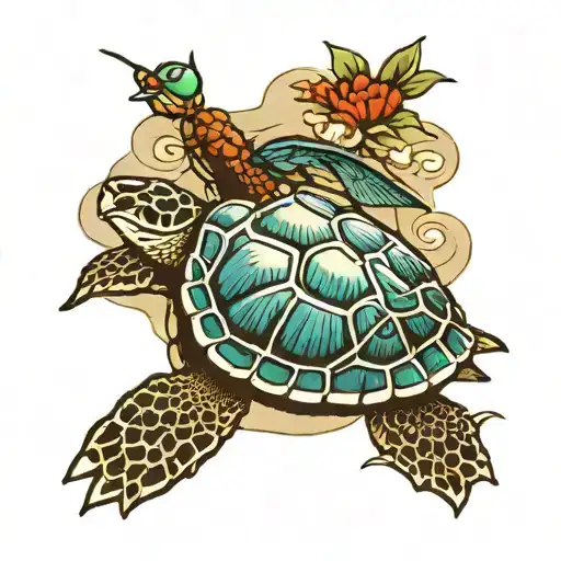 Sea Turtle With Dragonfly On Its Nose