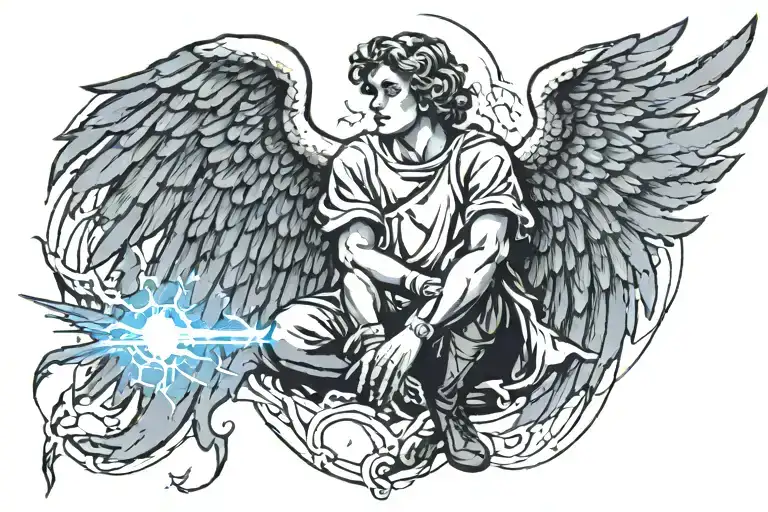 An Angel With Crouching Lightning Bolts Hiding Behind His Wings