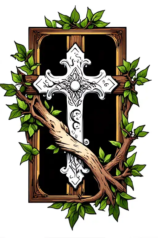 White Cross Surrounded By Vines And Branches