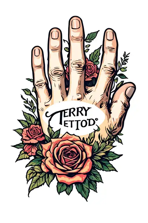 Hand Tattoo That Has The Name Terry And Involves Christianity