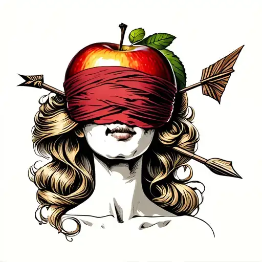 Blindfolded Woman's Head With An Apple On Her Head And An Arrow Going Through Her Skull