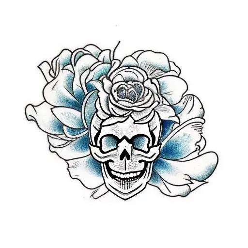 Skull With Sname Going Through Mouth And Eye Fith Peony Flowers