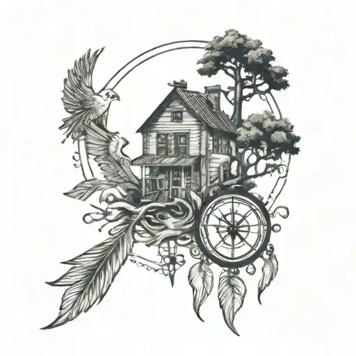 Life Of Tree With Small House Surrounded Runes Compass Under Flighting Phoenix