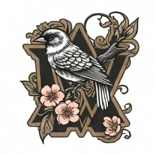 Cherry Blossom Bird Letter M
