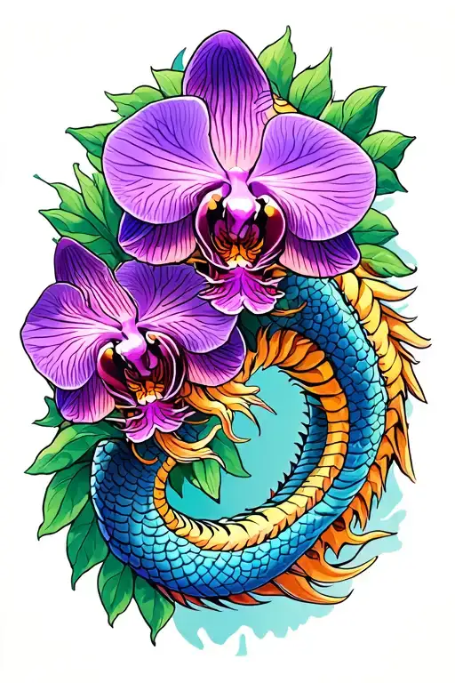 Orchids And Dragon Leg Tattoo Featuring