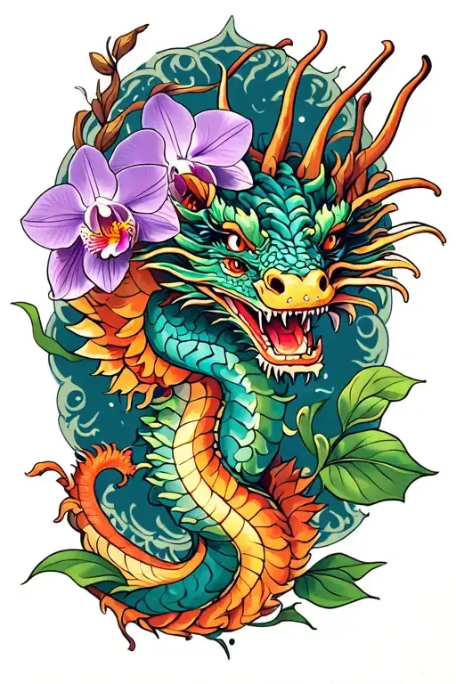 Dragon And Orchid Leg Tattoo Featuring