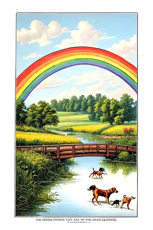 Rainbow Bridge Leading To Field With Pond And Dogs Playing