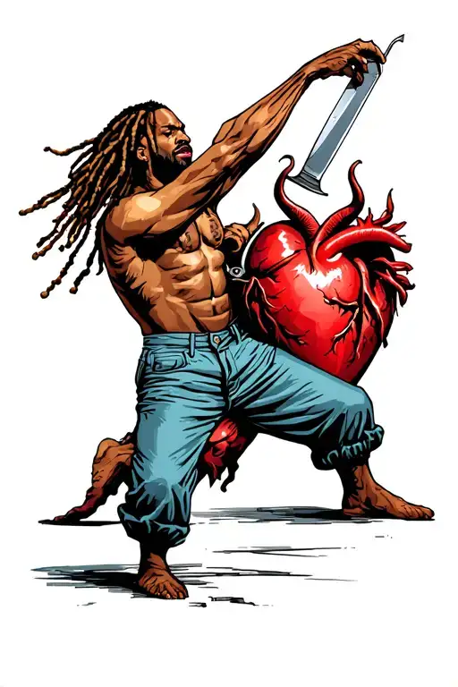 A Guy With Dreadlocks In Wide-legged Trousers Plunges A Knife Into The Devil's Heart
