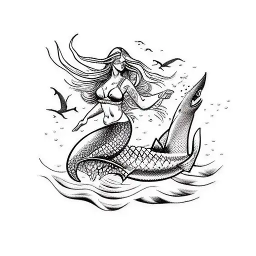 Mermaid Saving A Scuba Diver With Shark In The Background