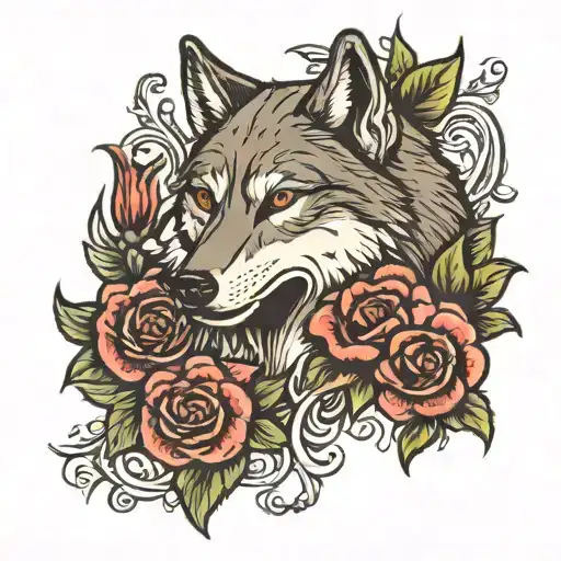 A Wolf Gangster Having Guns And Surrounded By Roses Half Sleeve
