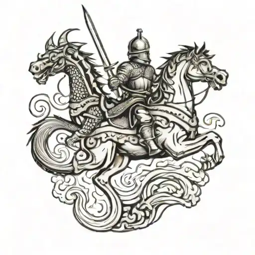 A Knight Slaying A Dragon While Riding A Horse