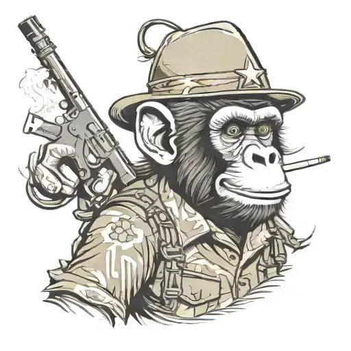 A Guerilla Monkey Wearing Military Uniform Holding A 47 While Smoking