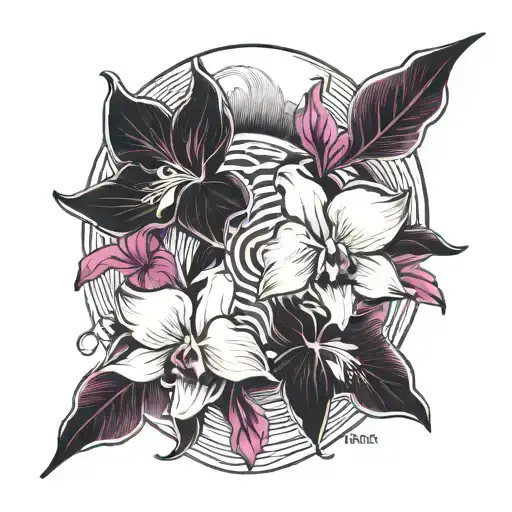 A Black An White Carpe Circled By Magenta Orchids Ande A Wave