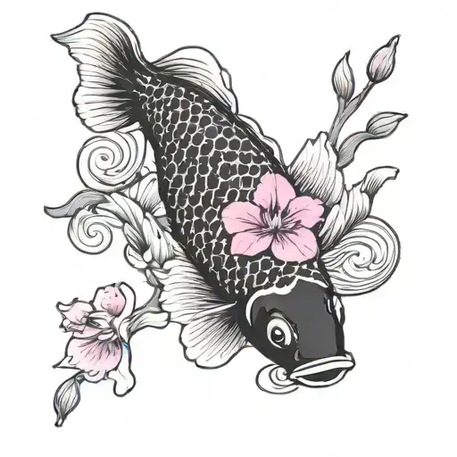 A Black An White Carp Koi Circled By Magenta Orchids Ande A Wave