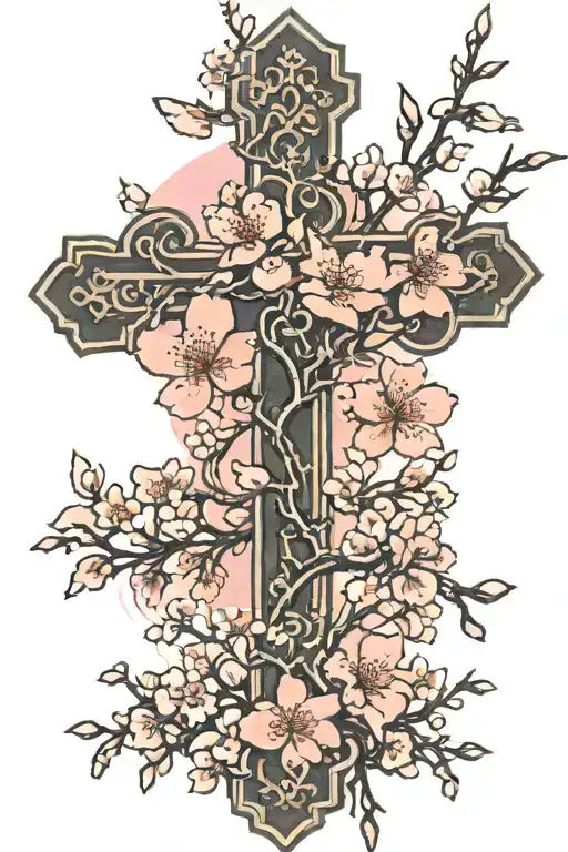Cherry Blossom Tree Behind Christan Cross