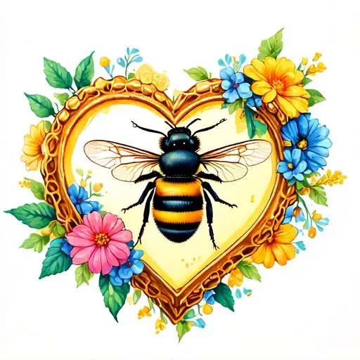 Bee On Honeycomb In A Heart Shaped Picture Frame With Vibrant Flowers Surrounding The Frame