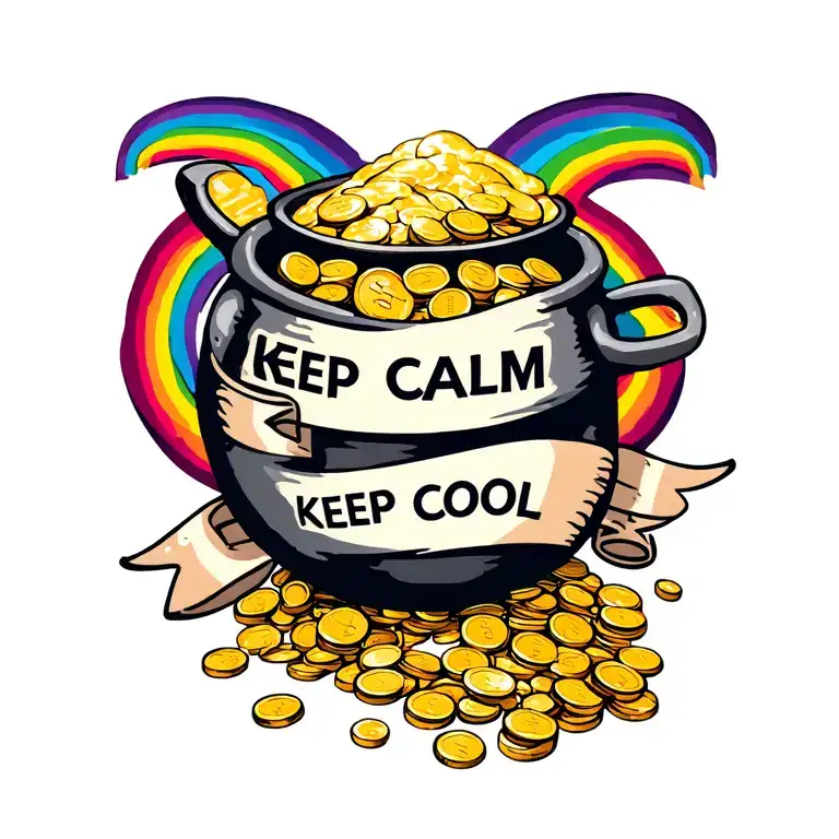 Rainbow And Pot Of Gold With Coins And A Banner That Says 'Keep Calm Keep Cool'