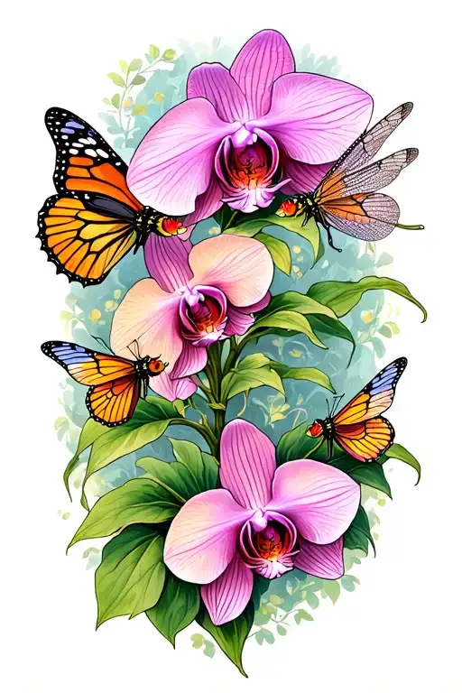 A Traditional Tattoo Of A Mother Orchid Surrounded By Her Butterfly And Dragonfly Children