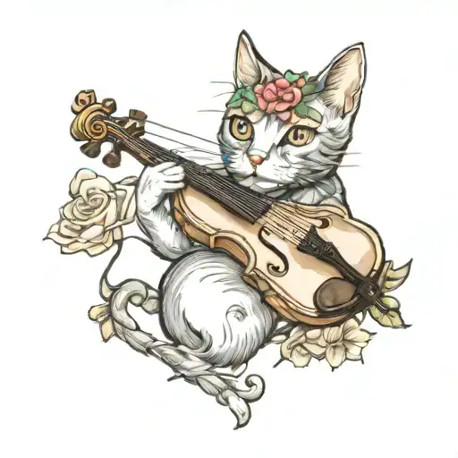Violin Music Cat Flowers Intertwined
