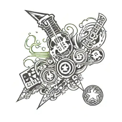 A Music-inspired Tattoo Design With Elements From Blink-182's Album Covers And Marvel Characters