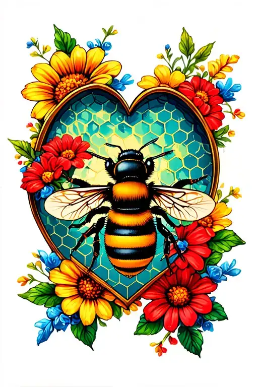 Bee In A Heart Frame Filled With Honeycomb Surrounded By Flowers That Are Red Yellow And Blue