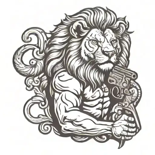 A Gangsta-style Lion Holding A Gun In A Traditional Tattoo Design