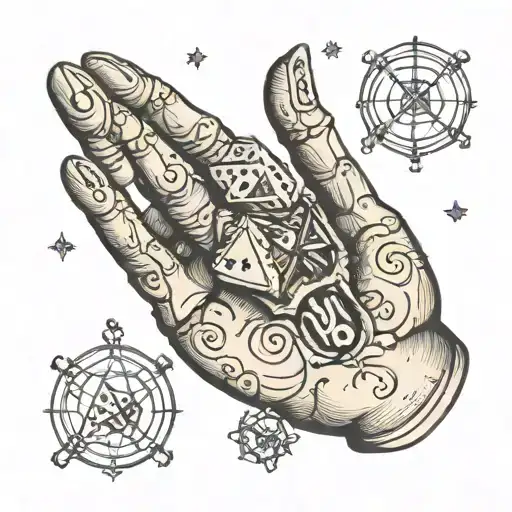 Medieval Styled 20 Sided Dice In The Palm Of An Open Skeletal Hand