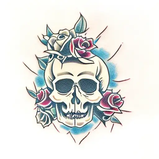 Skull With Roses And Thorns Full Color