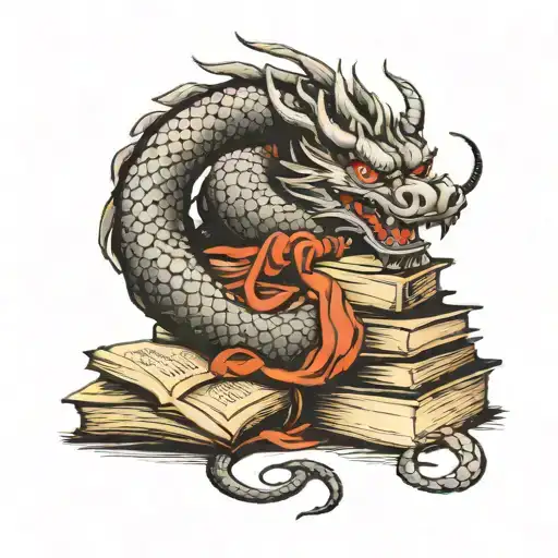 A Traditional Japanese Dragon Wrapped Around A Stack Of Harry Potter Books