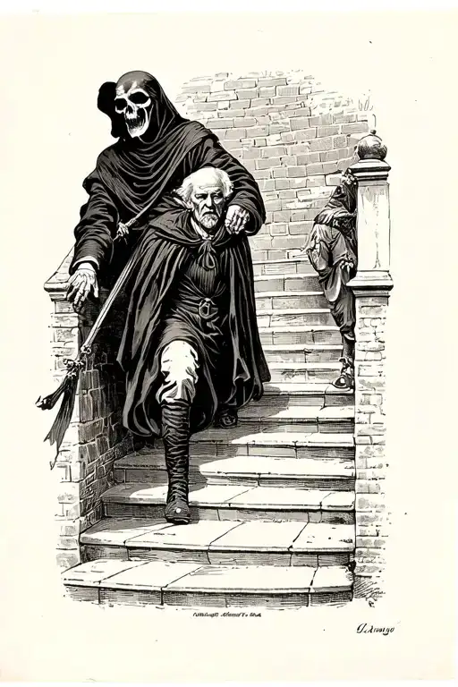 Grim Reaper Chasing An Old Man Down Stairs