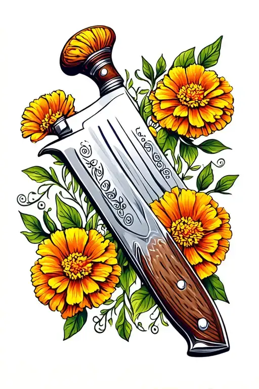 Damascus Chef Knife With Mexican Marigolds