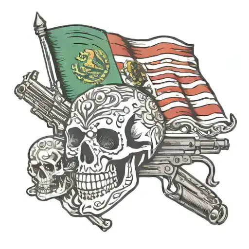 A Mexican Flag A Skull And Gun
