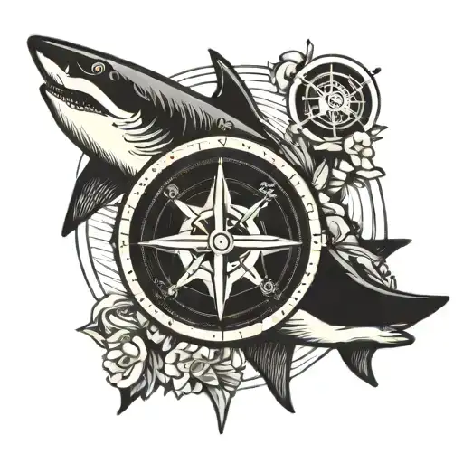 A Traditional Style Compass With A Black Shark Swimming Around It