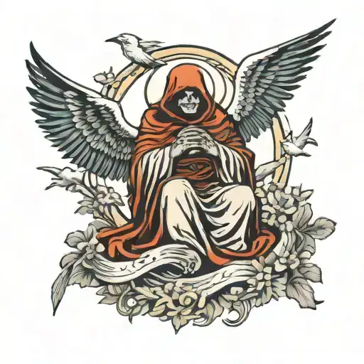 The Grim Reaper Praying Surrounded By Doves Flying