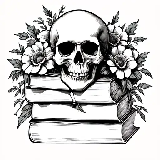 Skull Sitting On Top Of 3 Books With Book Spines Facing Outwards And Surrounded By Flowers