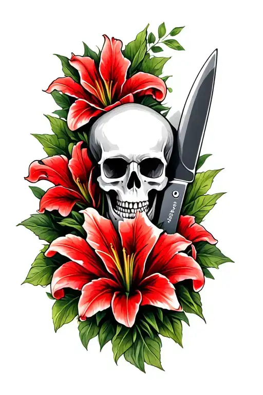 Skulls And Red Lillies On A Black Chef Knife Morphing