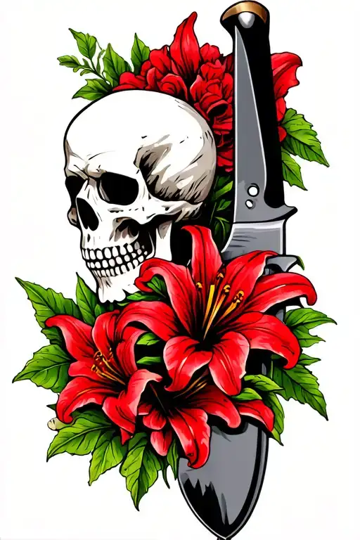 Skulls And Red Lillies On A Black Chef Knife