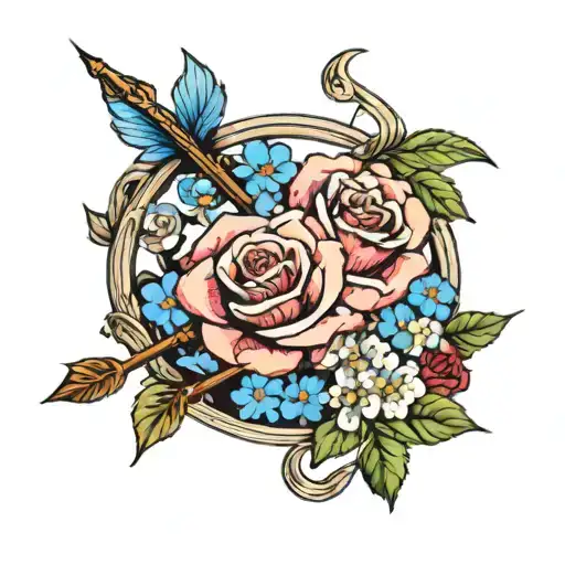 Bow And Arrow With Red Rose And Blue Forget Me Not Flowers