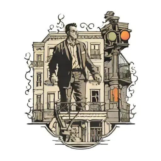 Man On Balcony Of Apartment On Fire Looking At Car At Traffic Light