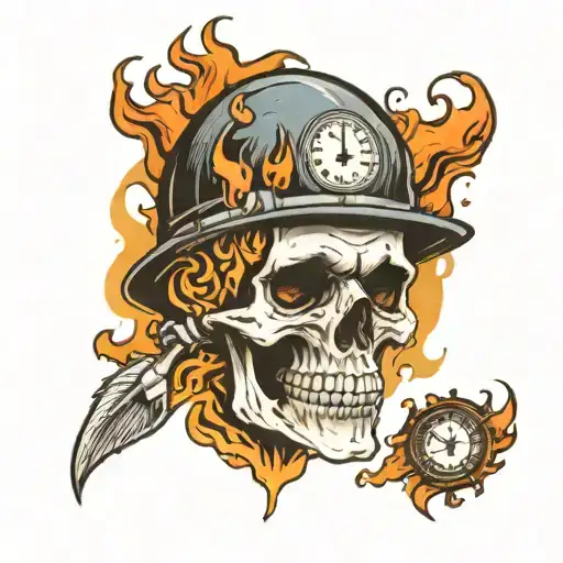 Skull With Clock In Forehead And Flames Surrounding It