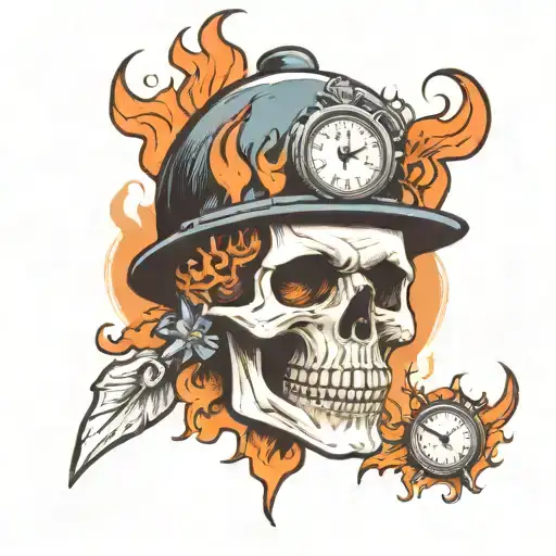 Skull With Clock In Forehead And Flames Surrounding It