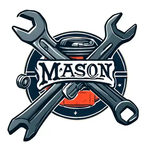 Horizontal Spanner And Wrench With The Name Mason In The Middle In The Background A Car Piston