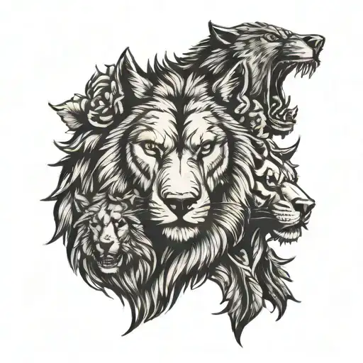 Wolf And Lions Faces On The Forearm