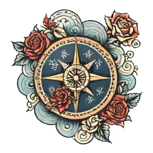 Vintage Compass On The Back Of Hand Surround By Blue Waves And Red Roses