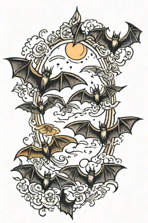 13 Bats And Crescent Moon Surrounded